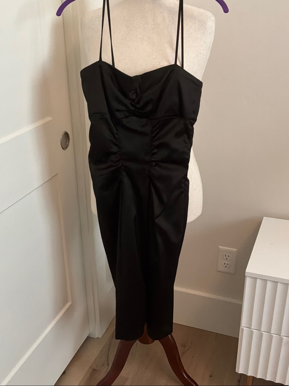Xscape Black Satin Ruched Midi Dress